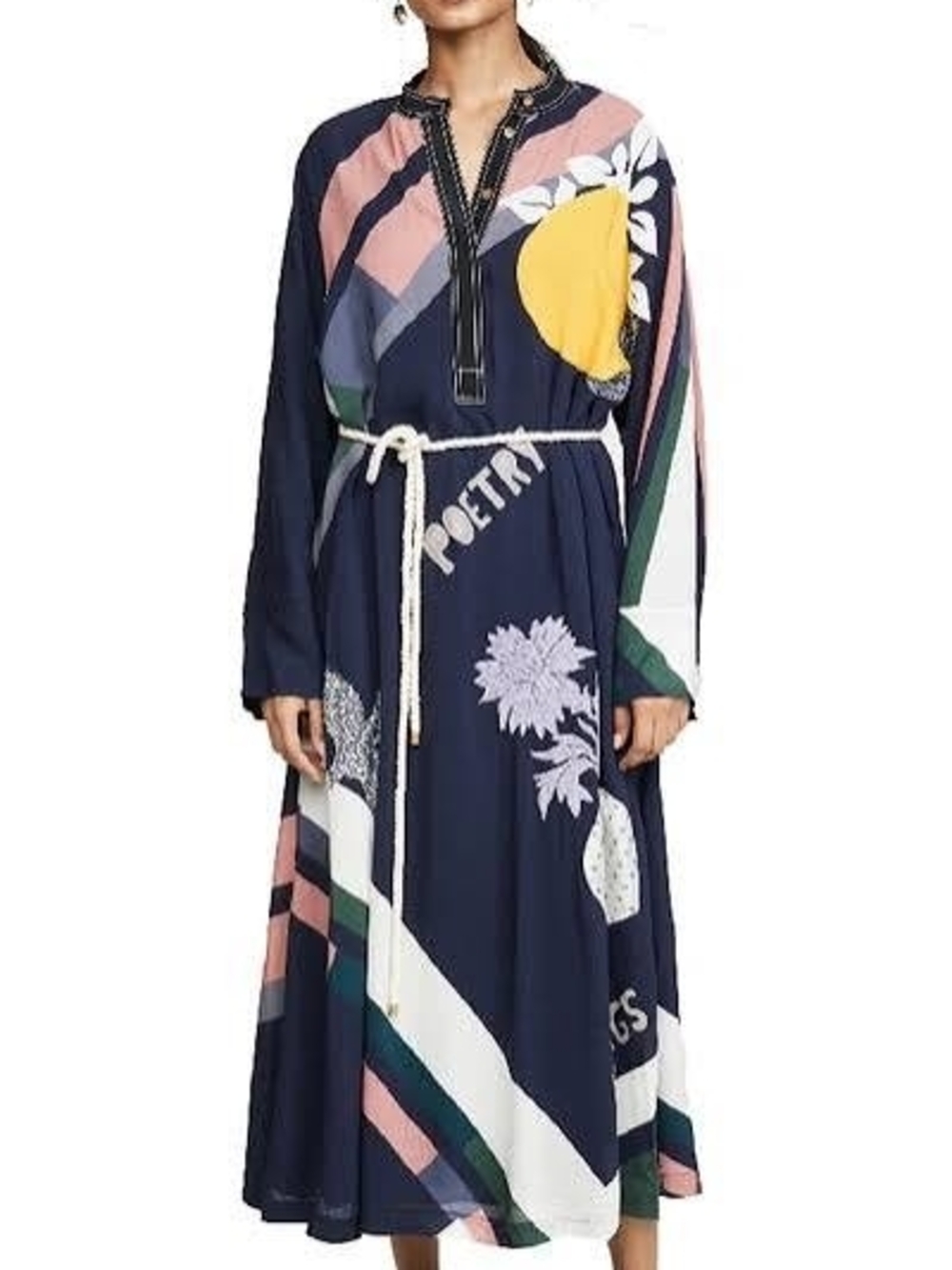 Tory Burch Navy Graphic Maxi Dress with Rope Belt